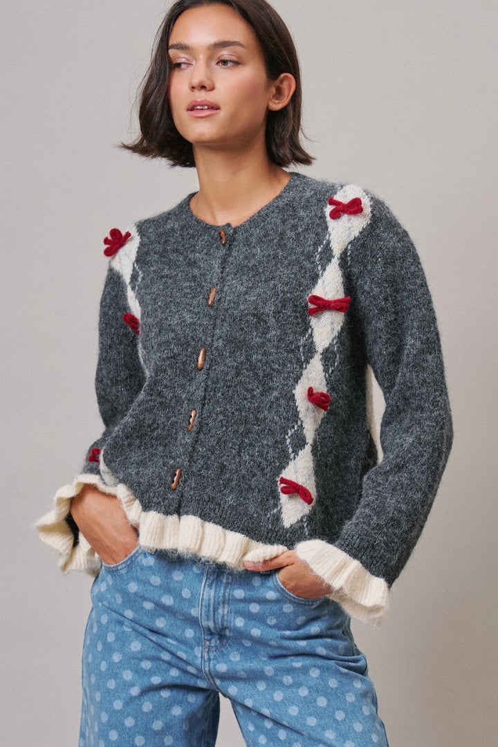 Alpine Bow Knit Cardigan in Charcoal - Women's Wholesale Cardigans & Shrugs | Trend Notes