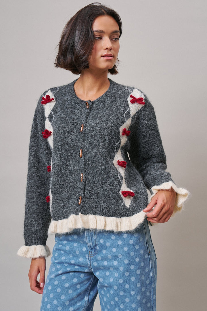 Alpine Bow Knit Cardigan in Charcoal - Women's Wholesale Cardigans & Shrugs | Trend Notes