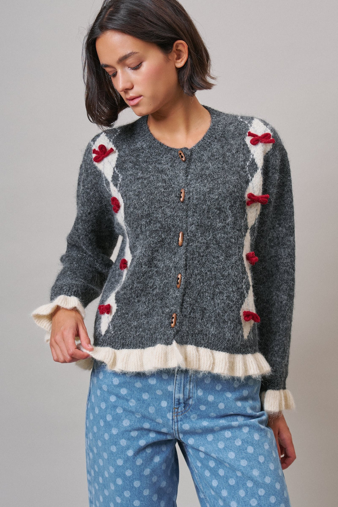 Alpine Bow Knit Cardigan in Charcoal - Women's Wholesale Cardigans & Shrugs | Trend Notes