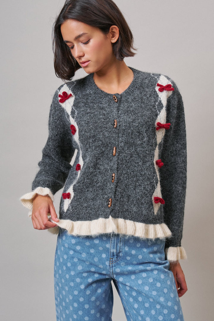 Alpine Bow Knit Cardigan in Charcoal - Women's Wholesale Cardigans & Shrugs | Trend Notes