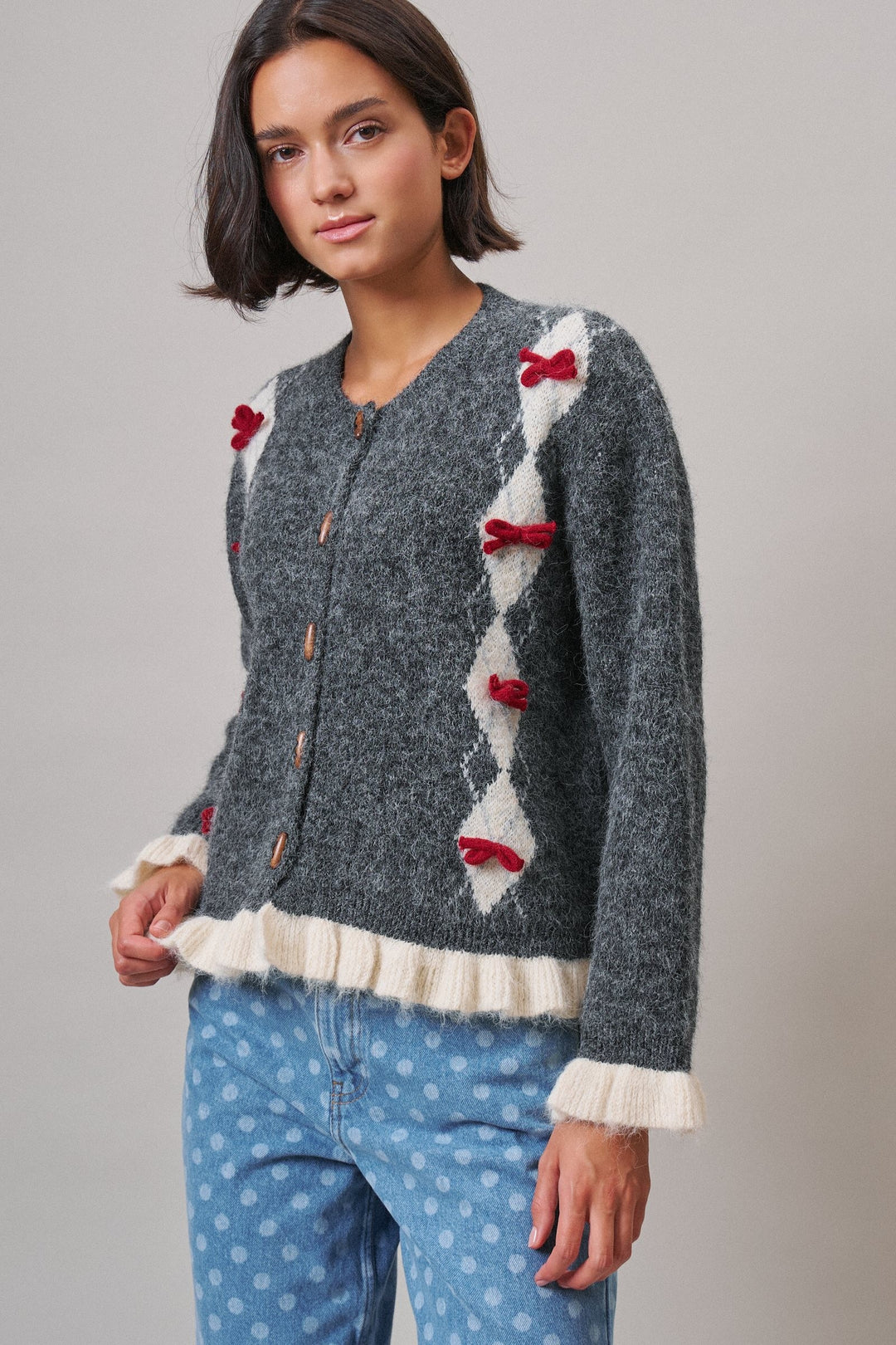 Alpine Bow Knit Cardigan in Charcoal - Women's Wholesale Cardigans & Shrugs | Trend Notes