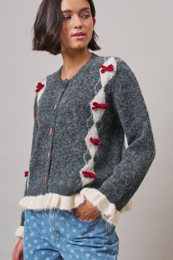 Alpine Bow Knit Cardigan in Charcoal - Women's Wholesale Cardigans & Shrugs | Trend Notes