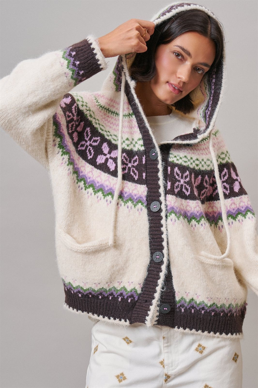 Alpine Fair Isle Hooded Cardigan in Ivory - Women's Wholesale Cardigans & Shrugs | Trend Notes