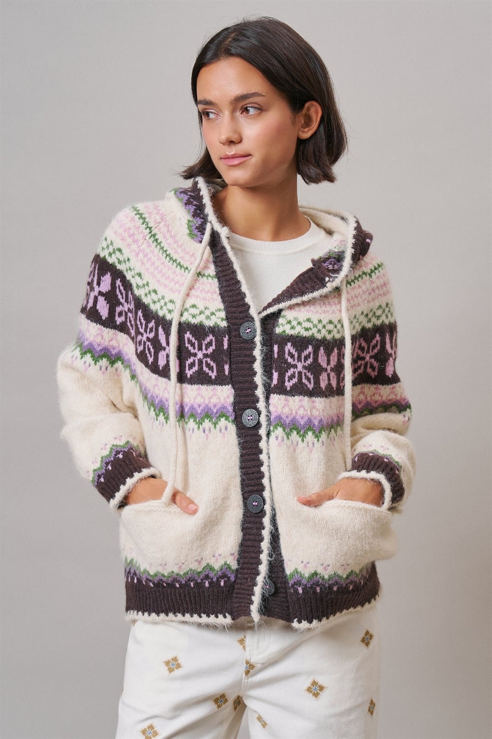 Alpine Fair Isle Hooded Cardigan in Ivory - Women's Wholesale Cardigans & Shrugs | Trend Notes