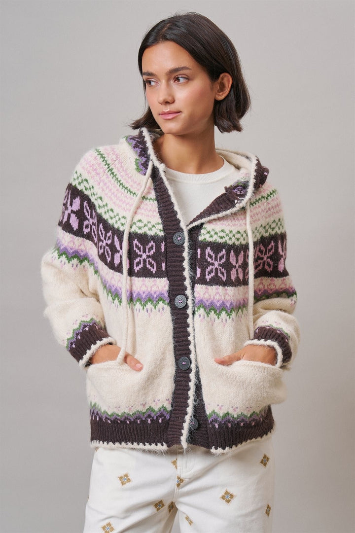 Alpine Fair Isle Hooded Cardigan in Ivory - Women's Wholesale Cardigans & Shrugs | Trend Notes