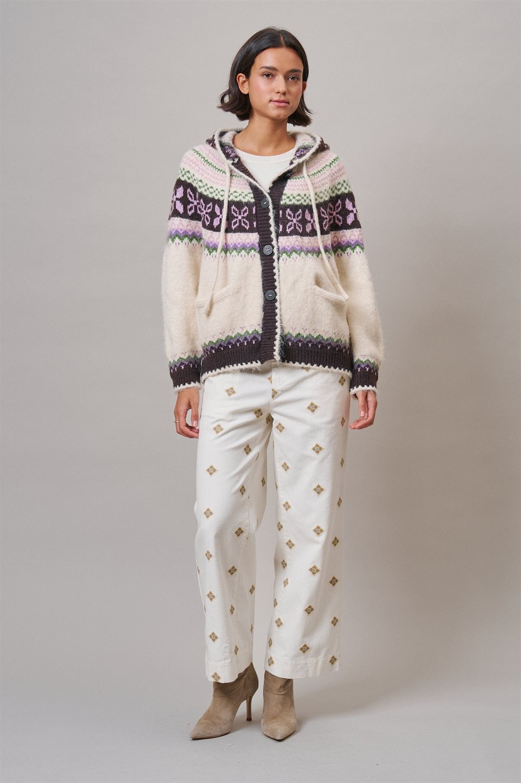Alpine Fair Isle Hooded Cardigan in Ivory - Women's Wholesale Cardigans & Shrugs | Trend Notes