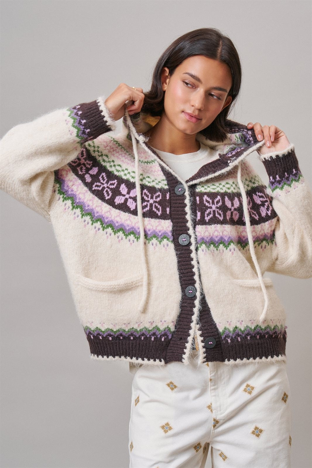 Alpine Fair Isle Hooded Cardigan in Ivory - Women's Wholesale Cardigans & Shrugs | Trend Notes