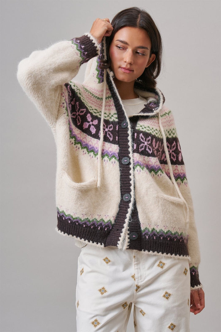 Alpine Fair Isle Hooded Cardigan in Ivory - Women's Wholesale Cardigans & Shrugs | Trend Notes