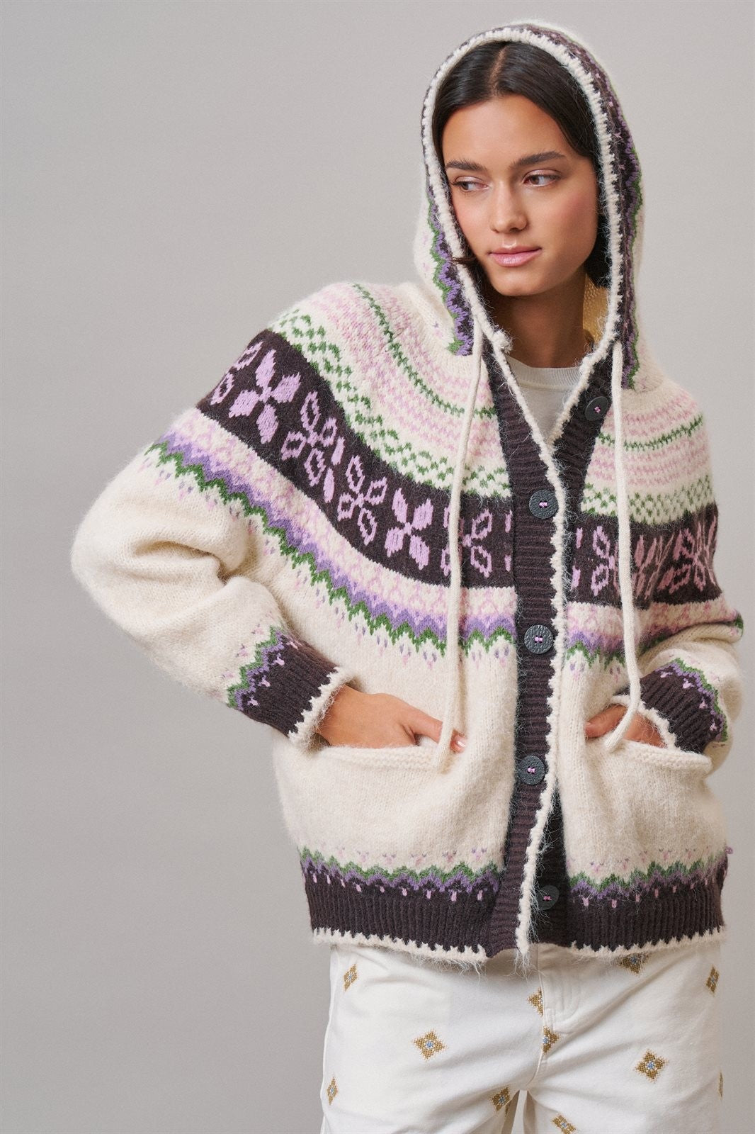 Alpine Fair Isle Hooded Cardigan in Ivory - Women's Wholesale Cardigans & Shrugs | Trend Notes