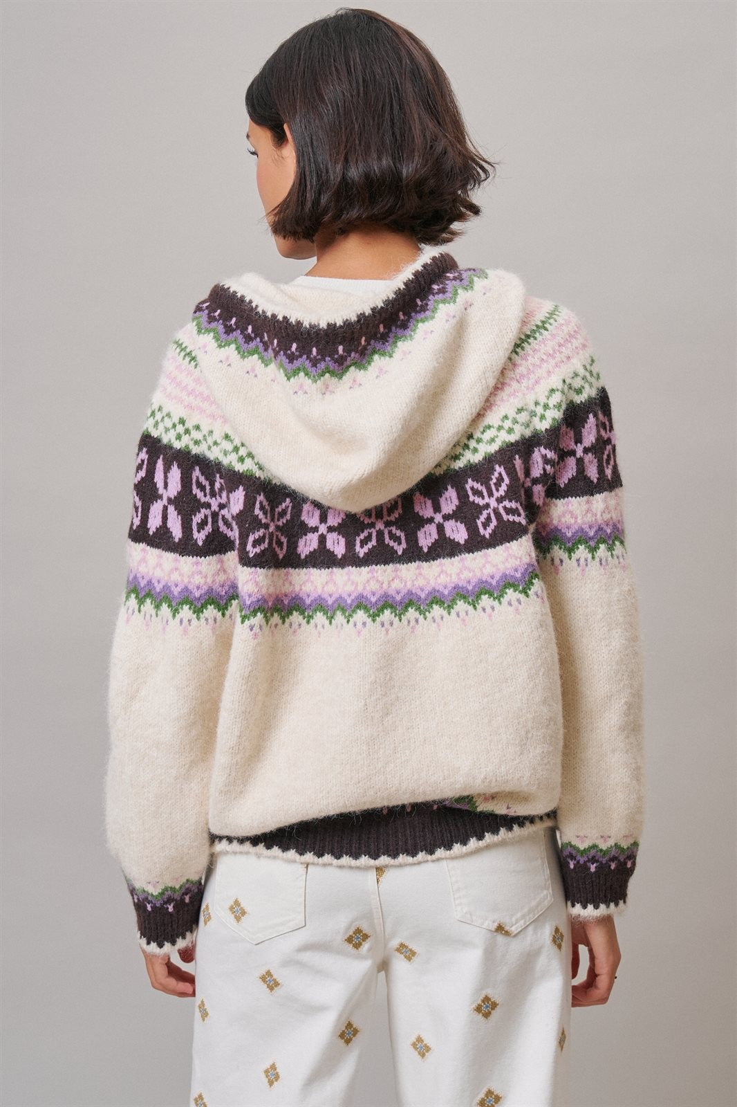 Alpine Fair Isle Hooded Cardigan in Ivory - Women's Wholesale Cardigans & Shrugs | Trend Notes