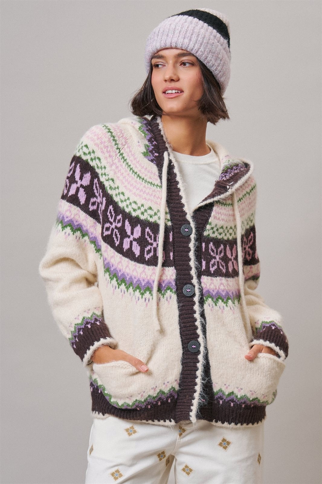 Alpine Fair Isle Hooded Cardigan in Ivory - Women's Wholesale Cardigans & Shrugs | Trend Notes