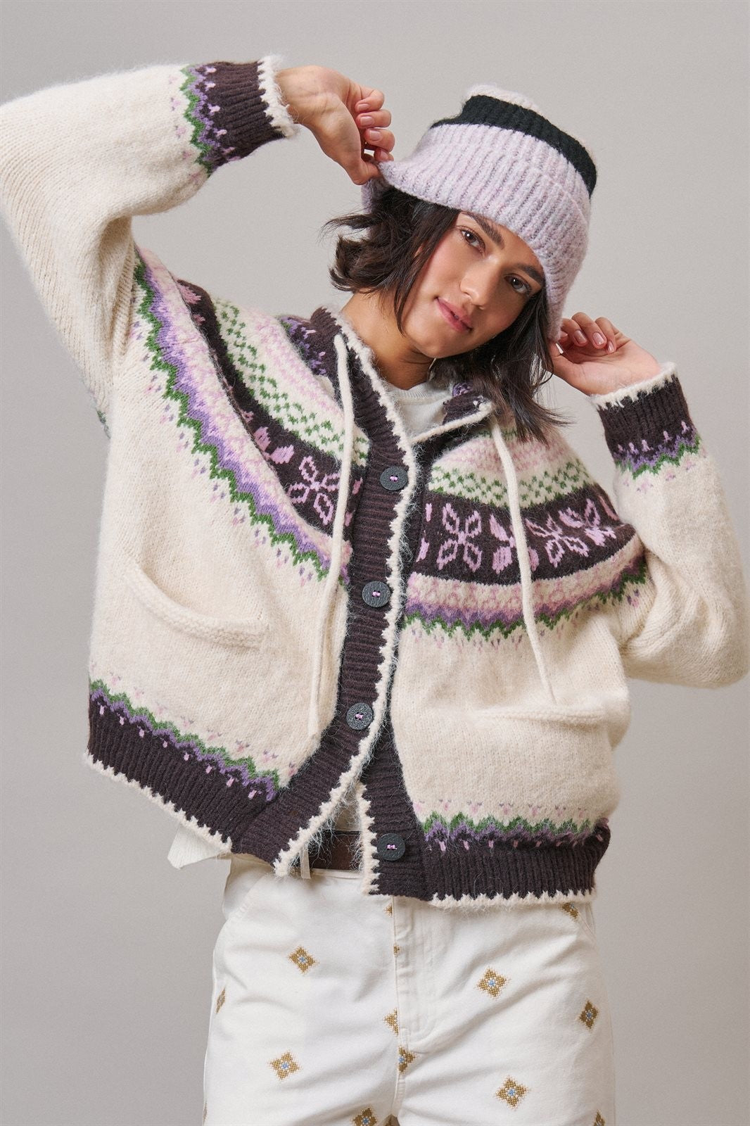 Alpine Fair Isle Hooded Cardigan in Ivory - Women's Wholesale Cardigans & Shrugs | Trend Notes