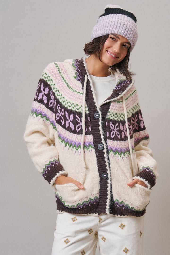 Alpine Fair Isle Hooded Cardigan in Ivory - Women's Wholesale Cardigans & Shrugs | Trend Notes