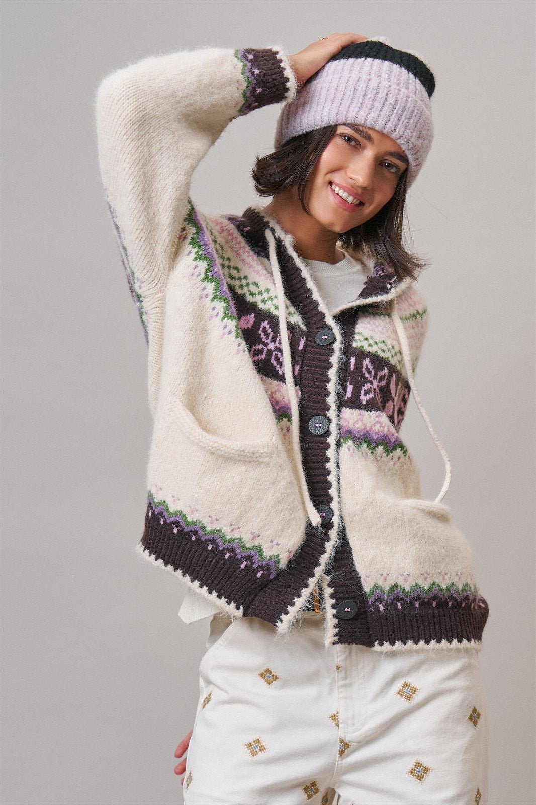 Alpine Fair Isle Hooded Cardigan in Ivory - Women's Wholesale Cardigans & Shrugs | Trend Notes