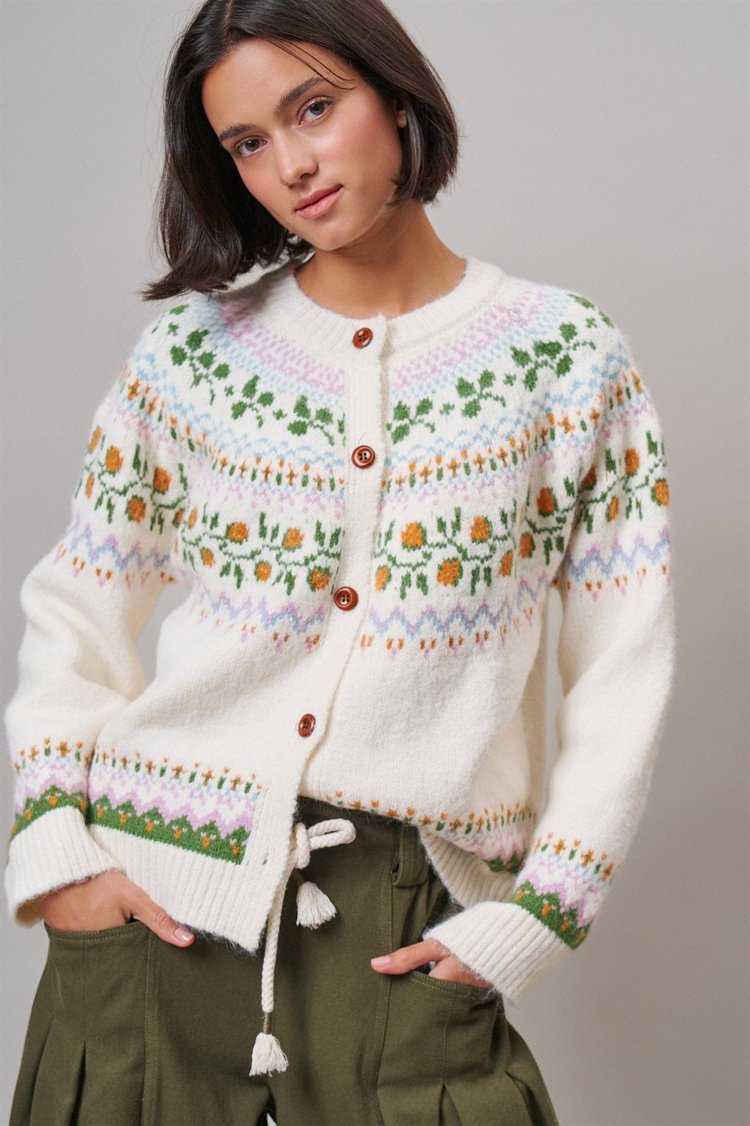 Alpine Bloom Fair Isle Floral Knit Cardigan in Ivory - Women's Wholesale Cardigans & Shrugs | Trend Notes