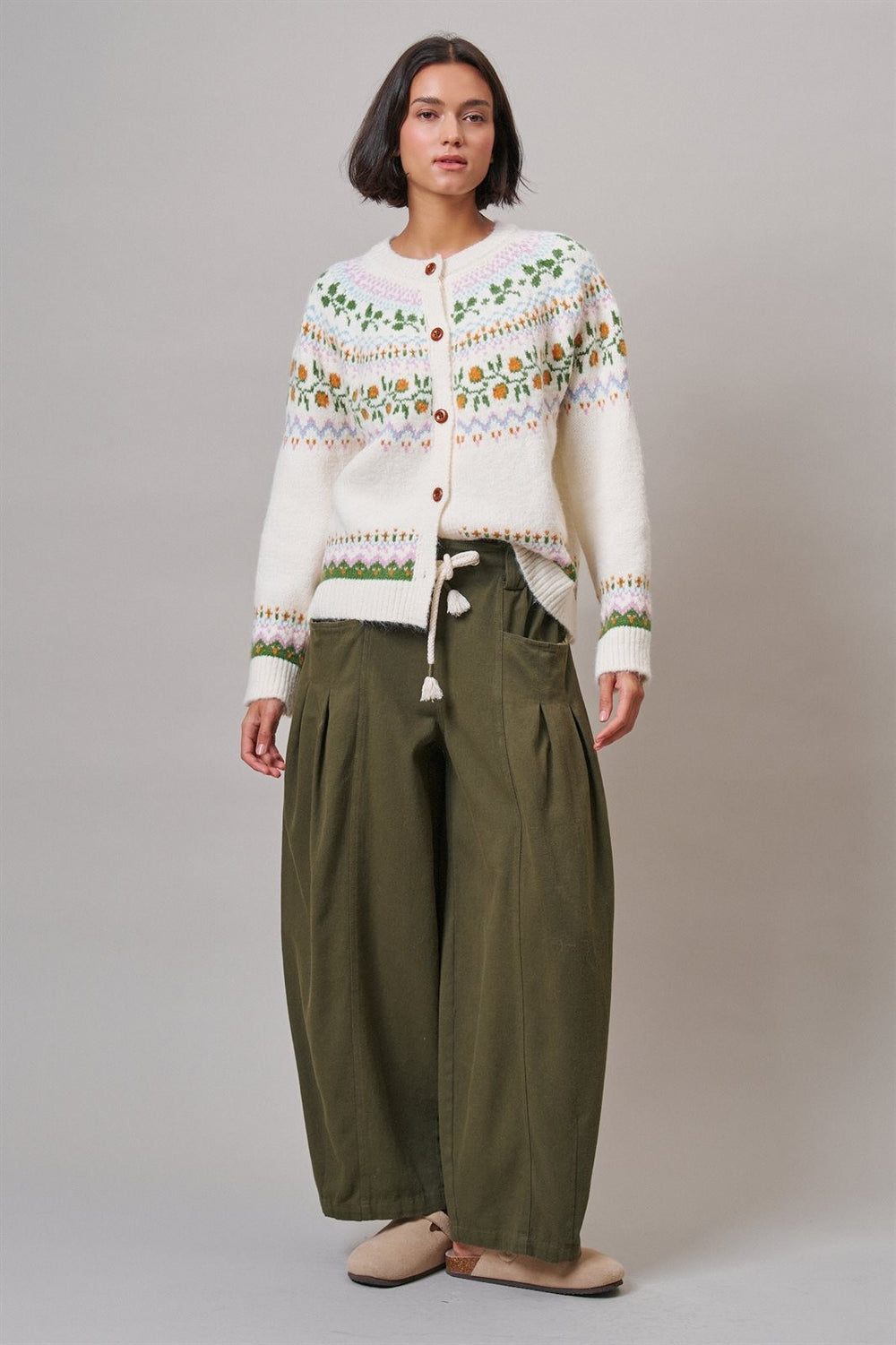 Alpine Bloom Fair Isle Floral Knit Cardigan in Ivory - Women's Wholesale Cardigans & Shrugs | Trend Notes