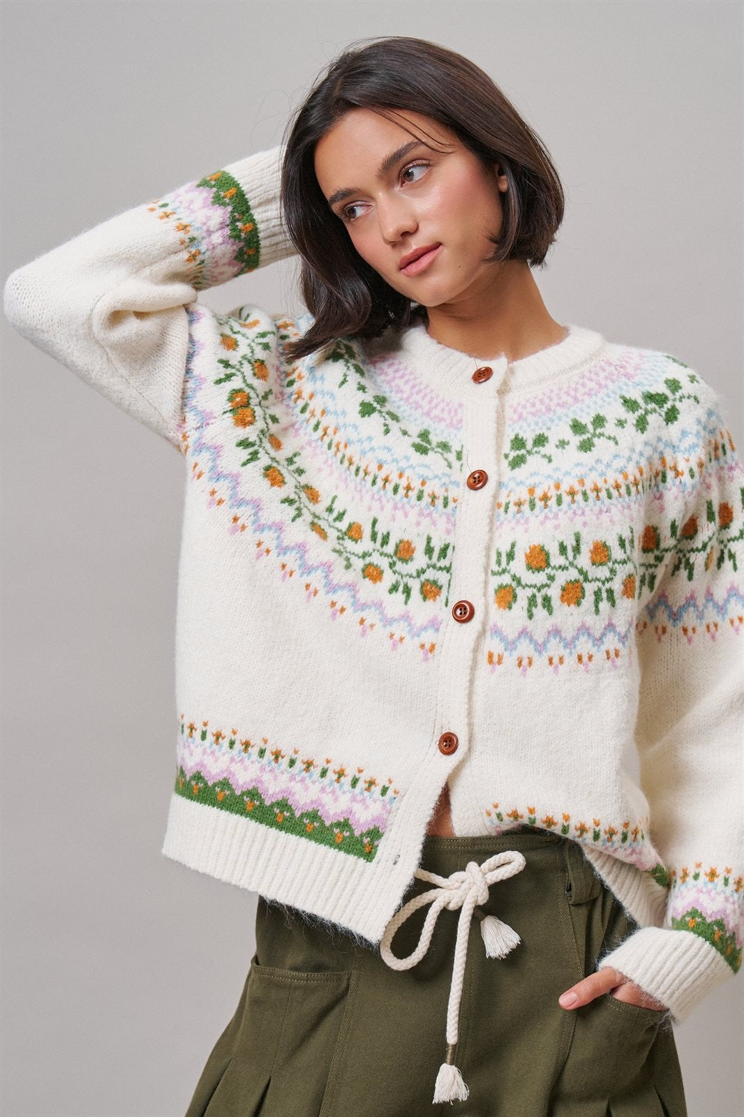 Alpine Bloom Fair Isle Floral Knit Cardigan in Ivory - Women's Wholesale Cardigans & Shrugs | Trend Notes