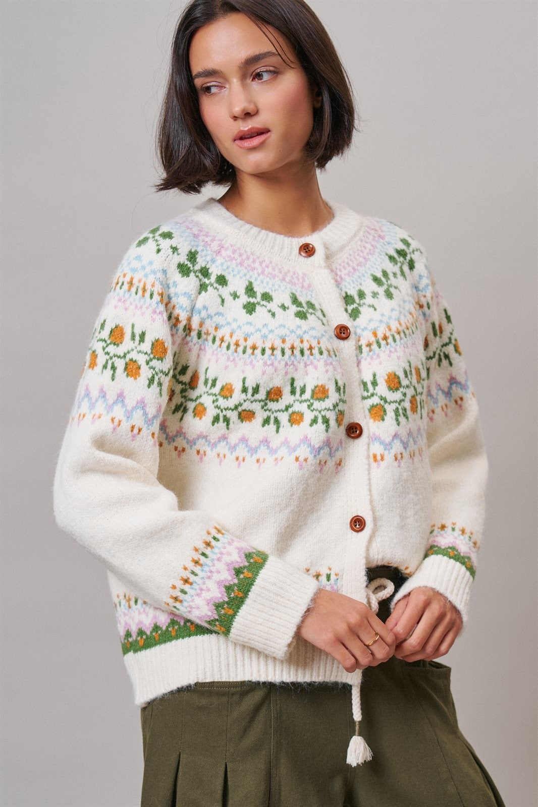 Alpine Bloom Fair Isle Floral Knit Cardigan in Ivory - Women's Wholesale Cardigans & Shrugs | Trend Notes