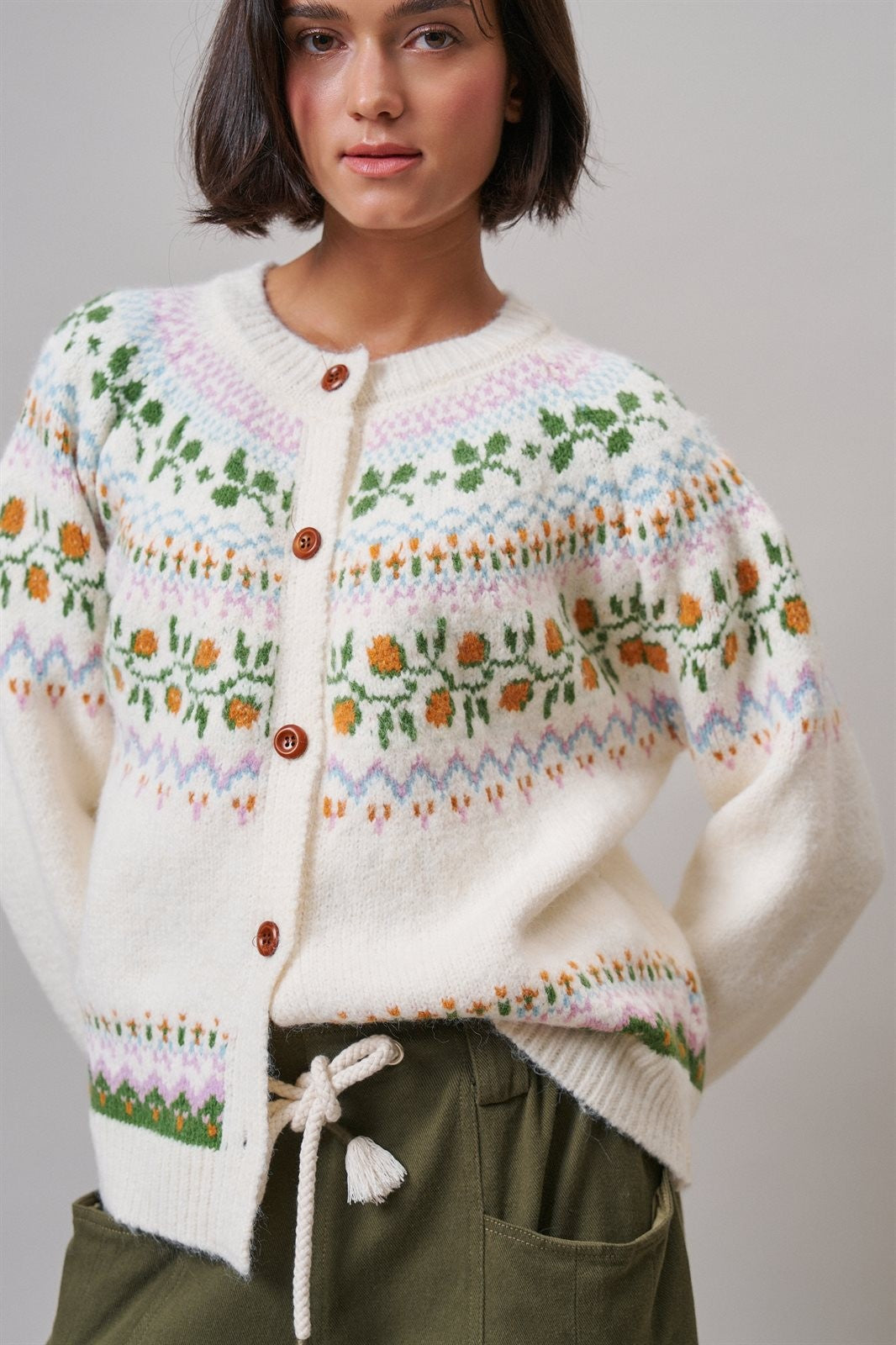 Alpine Bloom Fair Isle Floral Knit Cardigan in Ivory - Women's Wholesale Cardigans & Shrugs | Trend Notes