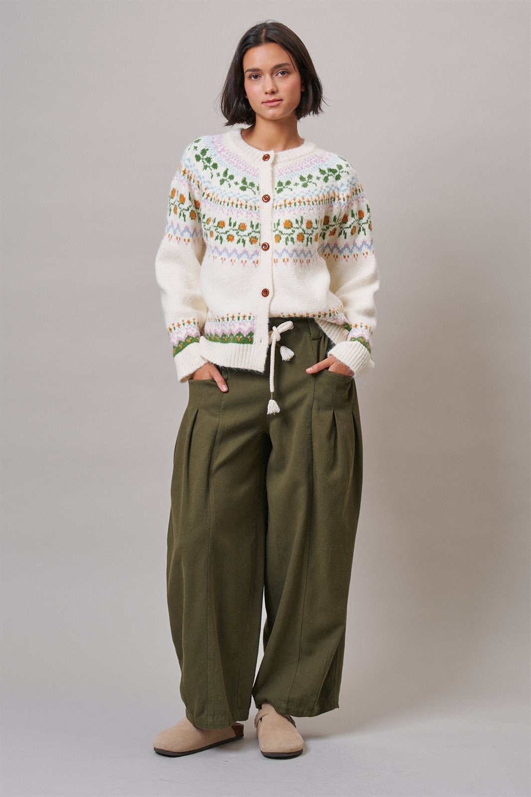 Alpine Bloom Fair Isle Floral Knit Cardigan in Ivory - Women's Wholesale Cardigans & Shrugs | Trend Notes