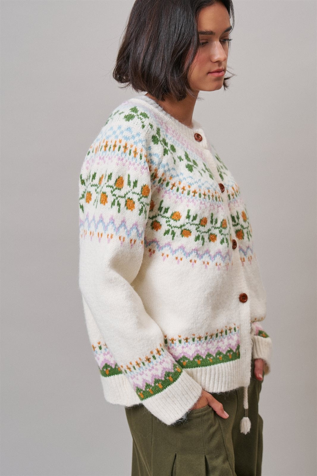 Alpine Bloom Fair Isle Floral Knit Cardigan in Ivory - Women's Wholesale Cardigans & Shrugs | Trend Notes