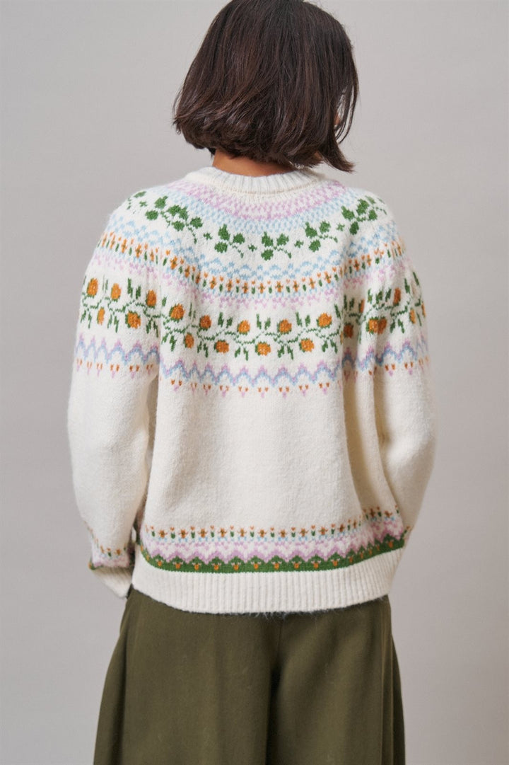 Alpine Bloom Fair Isle Floral Knit Cardigan in Ivory - Women's Wholesale Cardigans & Shrugs | Trend Notes