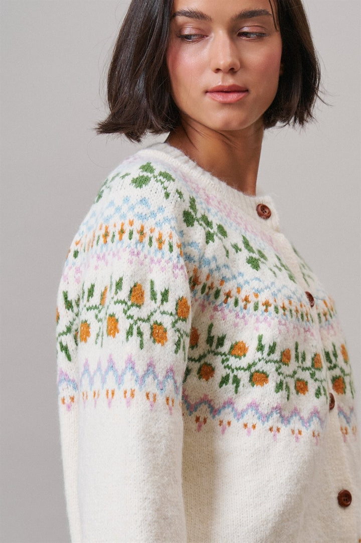 Alpine Bloom Fair Isle Floral Knit Cardigan in Ivory - Women's Wholesale Cardigans & Shrugs | Trend Notes
