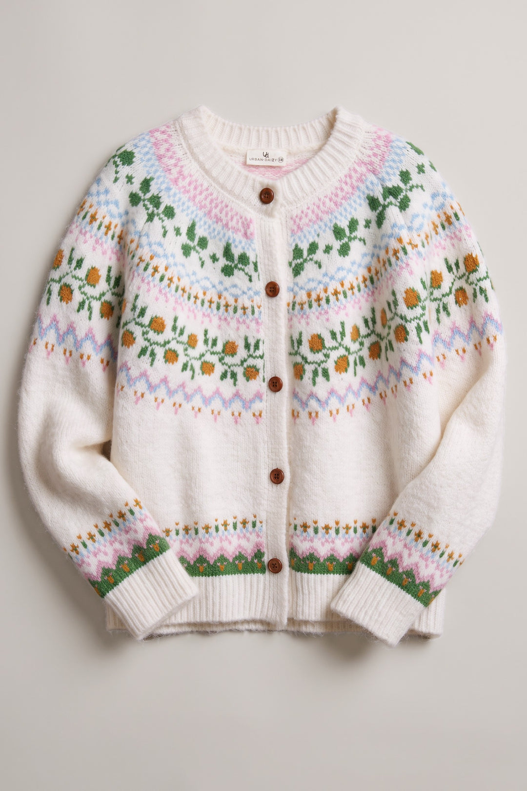 Alpine Bloom Fair Isle Floral Knit Cardigan in Ivory - Women's Wholesale Cardigans & Shrugs | Trend Notes
