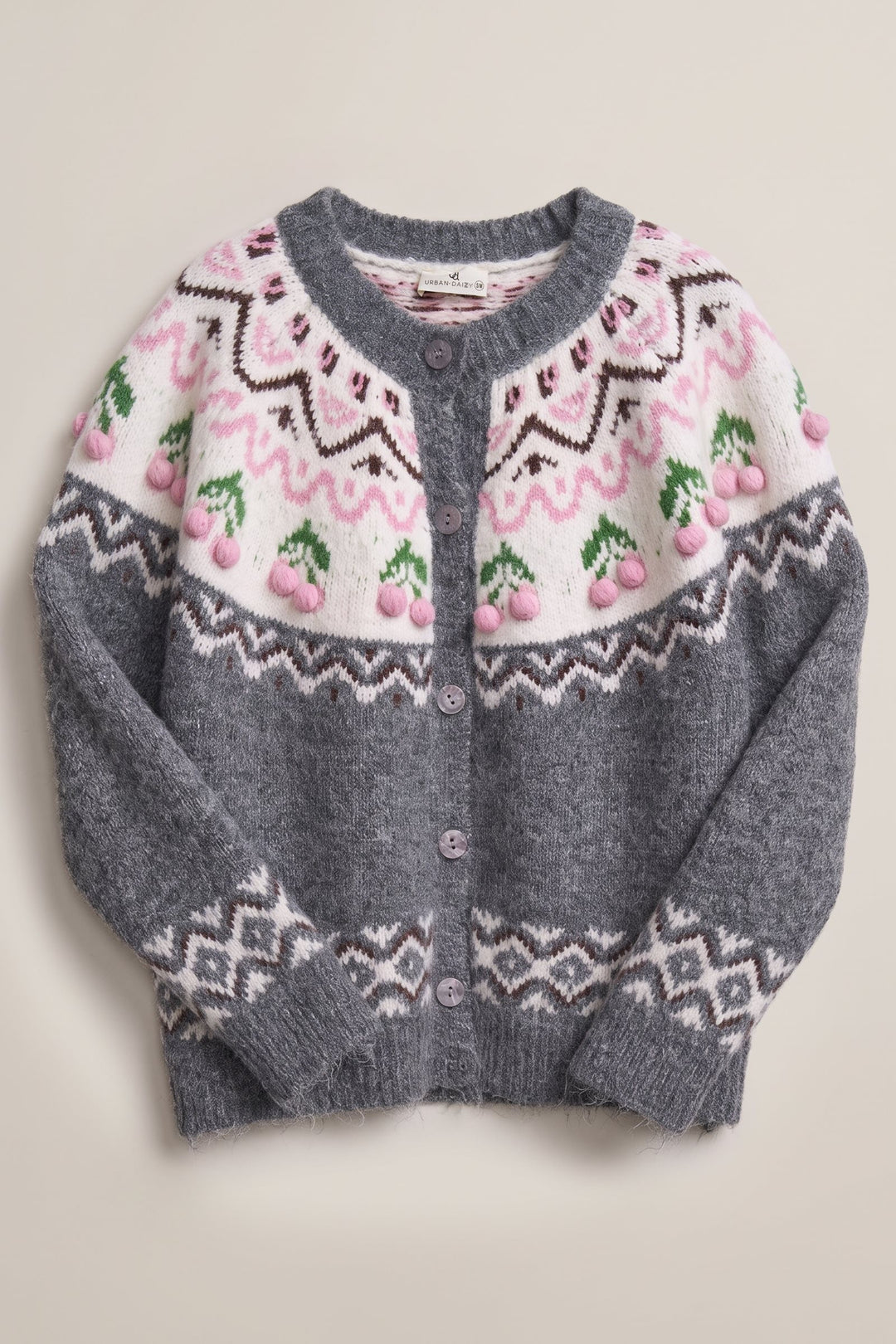 Cherry Charm Fair Isle Cardigan in Grey - Women's Wholesale Cardigans & Shrugs | Trend Notes