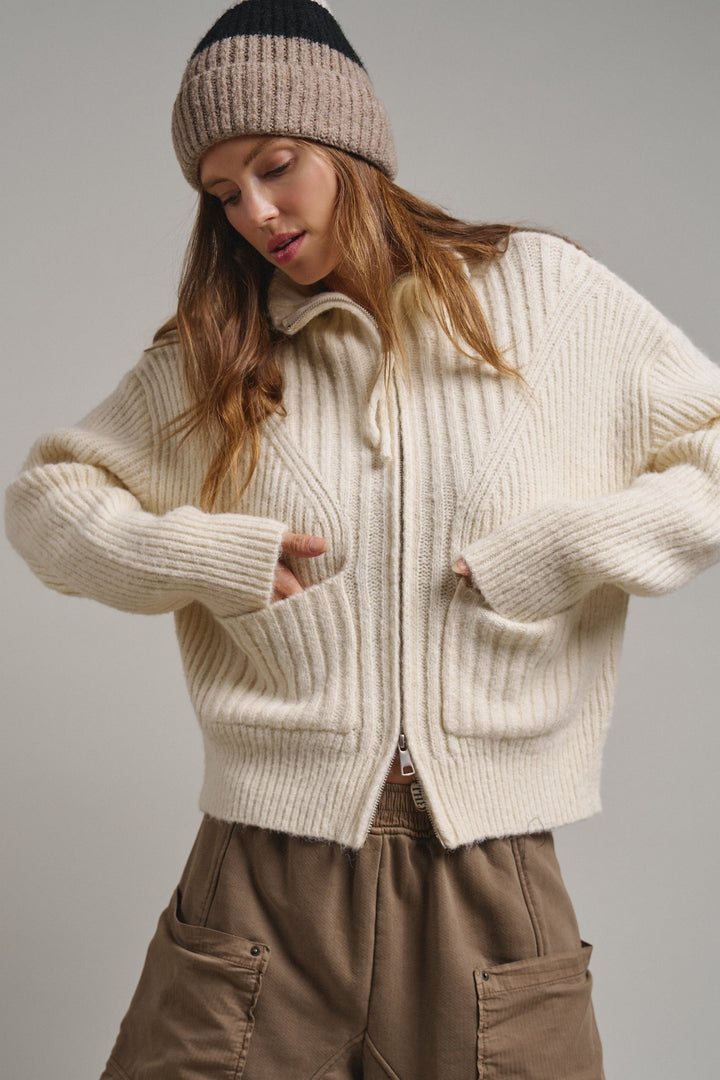 Harbor Ease Ribbed Zip Cardigan in Ivory - Women's Wholesale Cardigans & Shrugs | Trend Notes