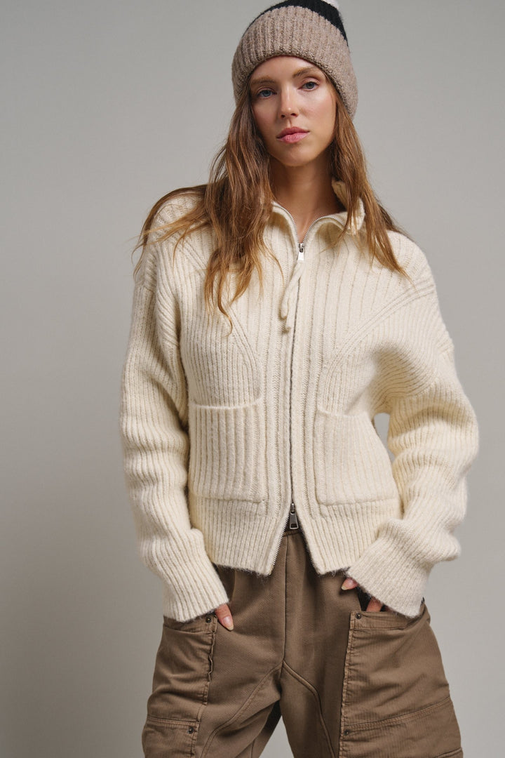 Harbor Ease Ribbed Zip Cardigan in Ivory - Women's Wholesale Cardigans & Shrugs | Trend Notes