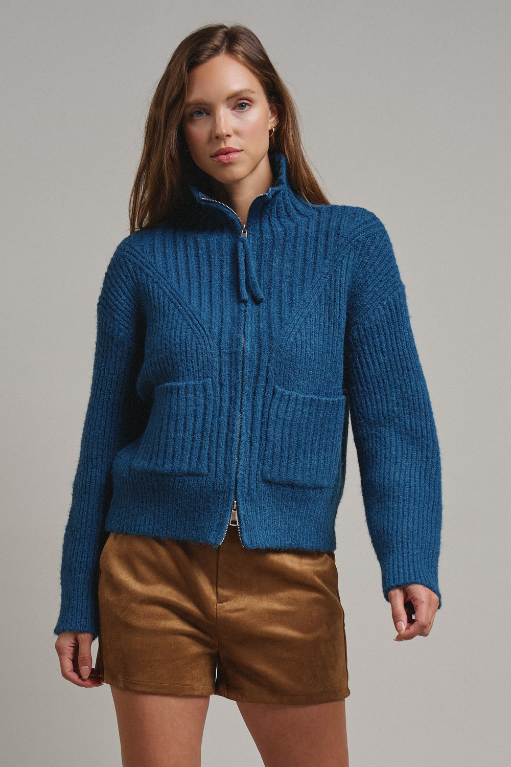 Harbor Ease Ribbed Zip Cardigan in Teal - Women's Wholesale Cardigans & Shrugs | Trend Notes