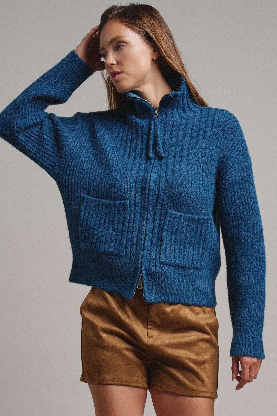 Harbor Ease Ribbed Zip Cardigan in Teal - Women's Wholesale Cardigans & Shrugs | Trend Notes