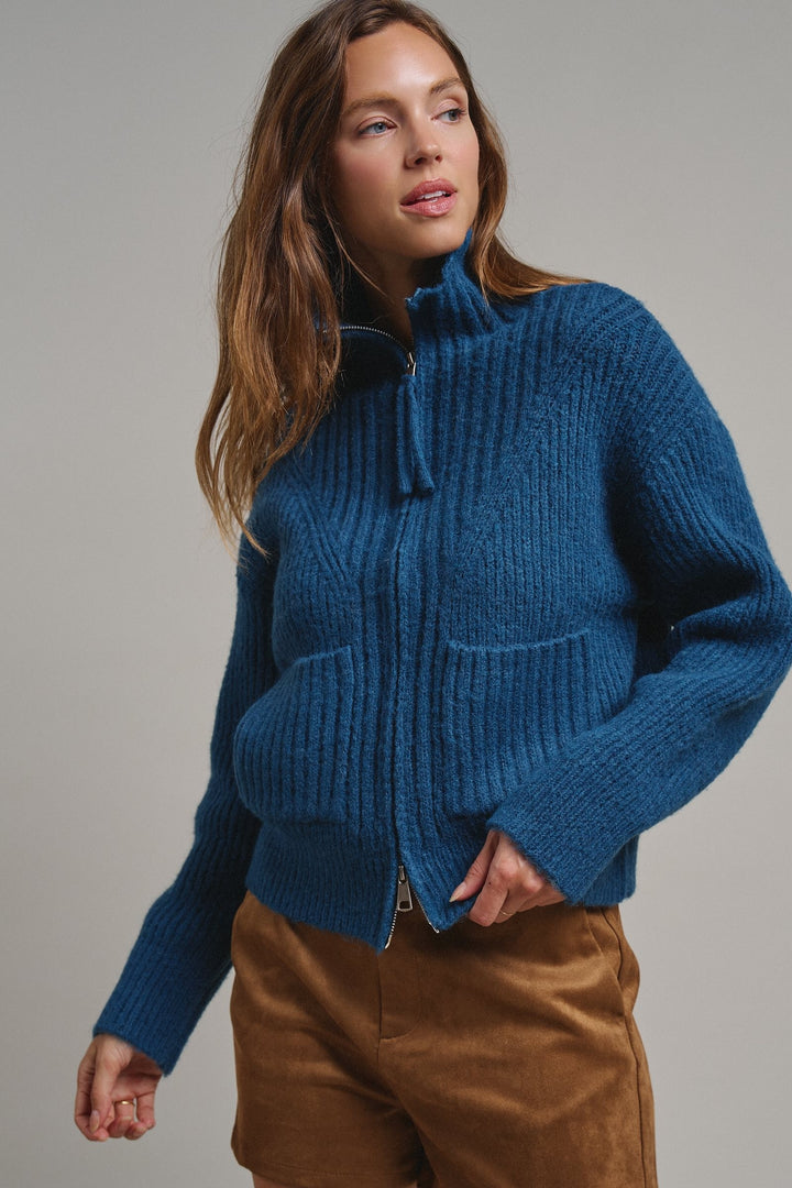 Harbor Ease Ribbed Zip Cardigan in Teal - Women's Wholesale Cardigans & Shrugs | Trend Notes