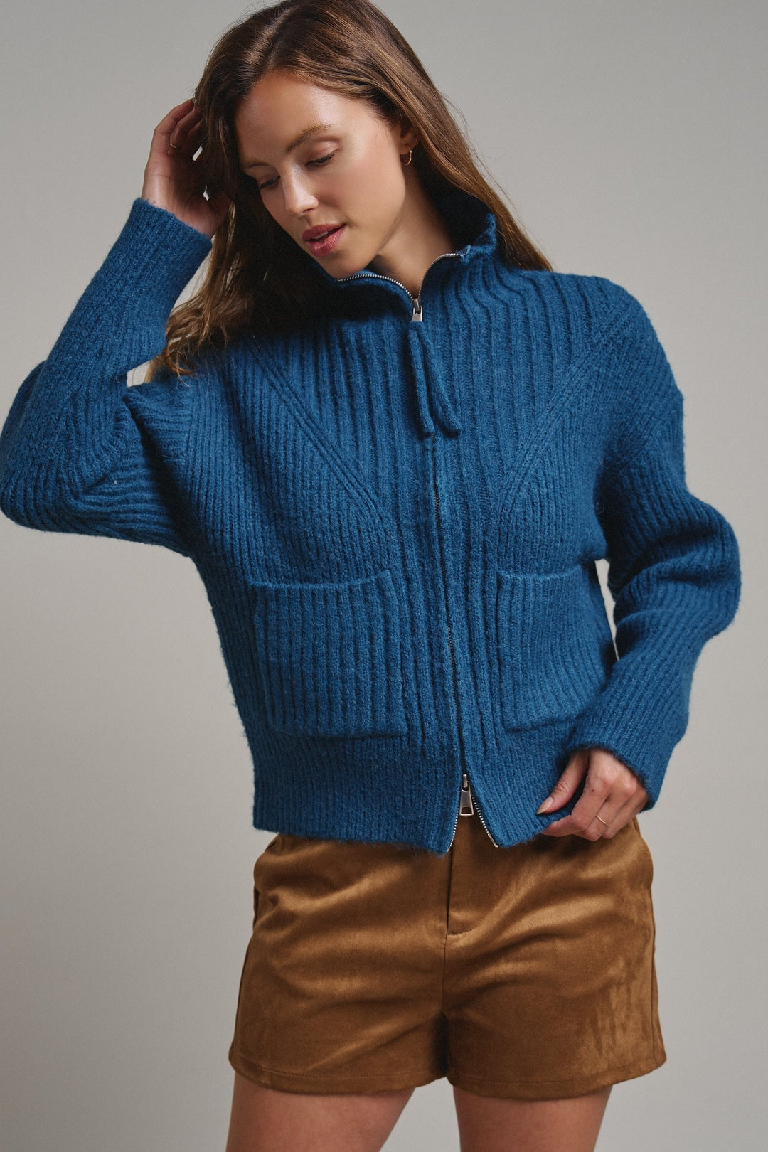 Harbor Ease Ribbed Zip Cardigan in Teal - Women's Wholesale Cardigans & Shrugs | Trend Notes