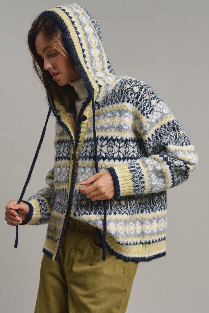 Snowfall Fair Isle Hooded Cardigan in Grey/navy - Women's Wholesale Cardigans & Shrugs | Trend Notes