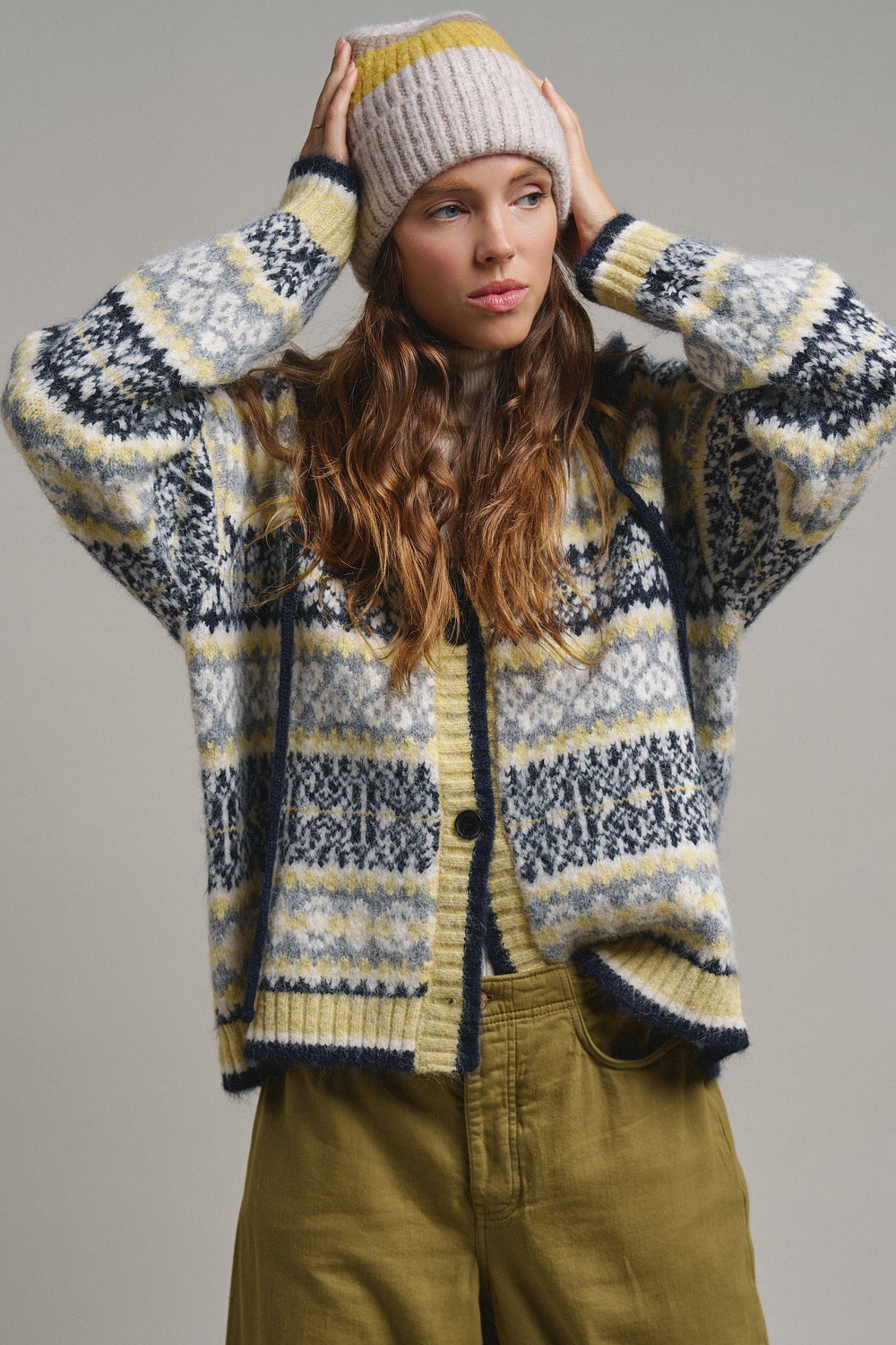 Snowfall Fair Isle Hooded Cardigan in Grey/navy - Women's Wholesale Cardigans & Shrugs | Trend Notes