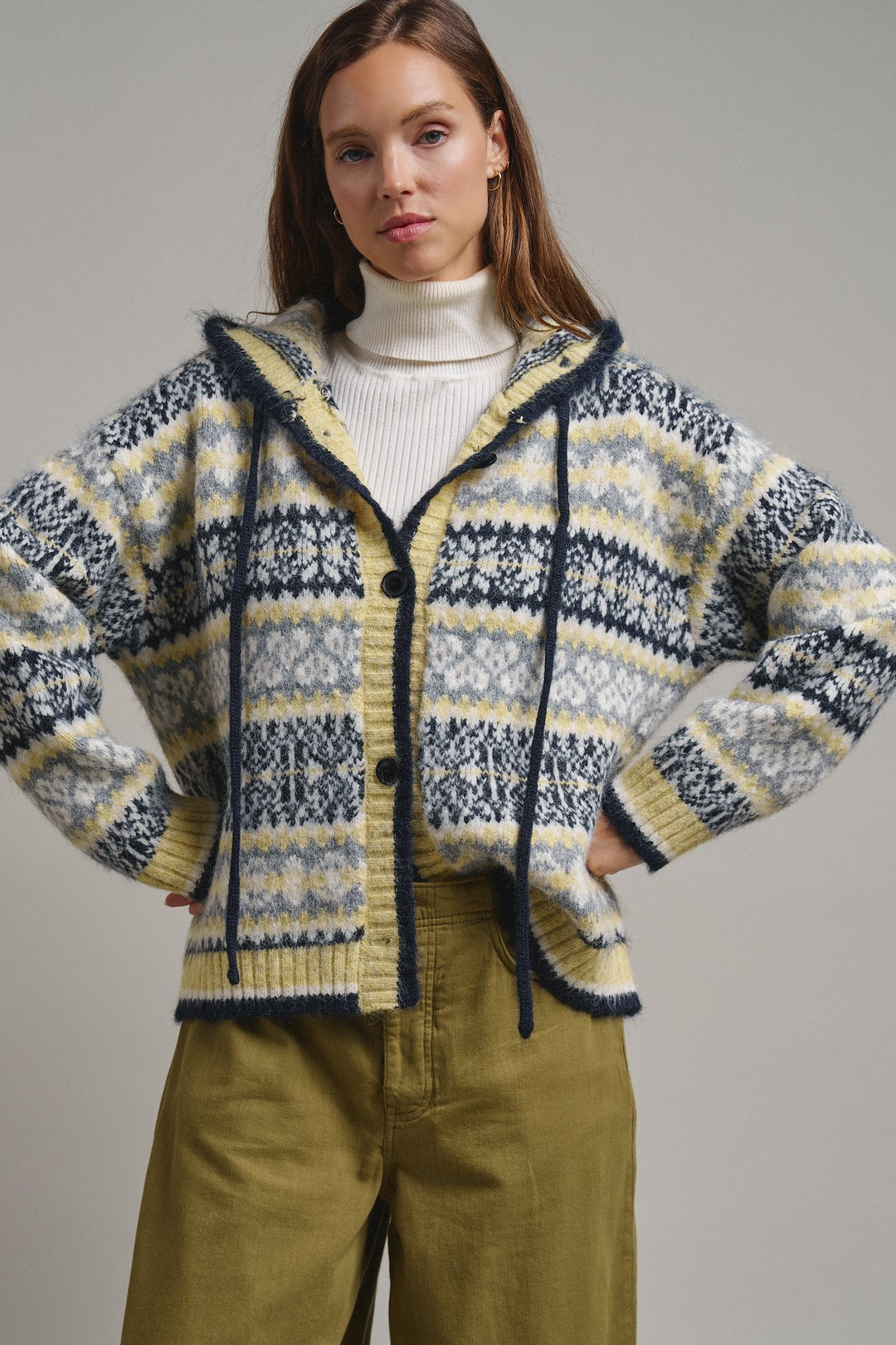 Snowfall Fair Isle Hooded Cardigan in Grey/navy - Women's Wholesale Cardigans & Shrugs | Trend Notes