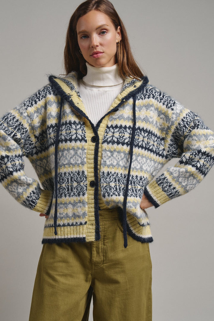 Snowfall Fair Isle Hooded Cardigan in Grey/navy - Women's Wholesale Cardigans & Shrugs | Trend Notes