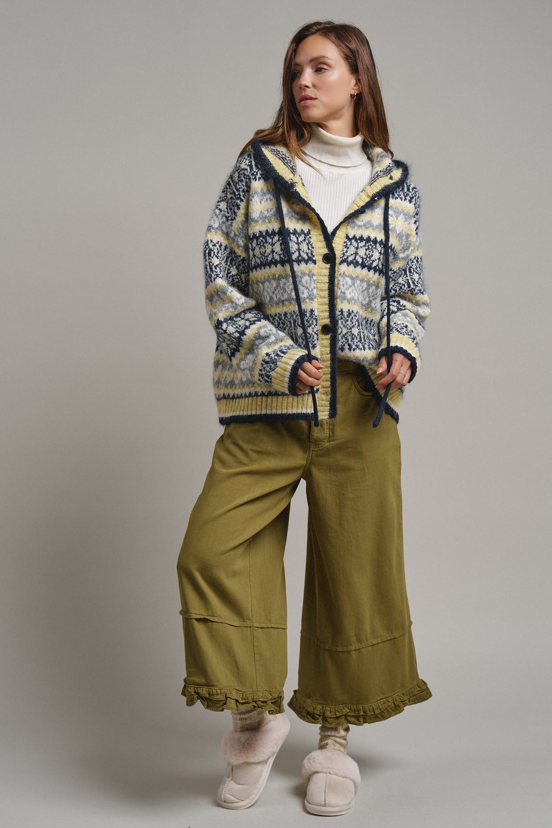 Snowfall Fair Isle Hooded Cardigan in Grey/navy - Women's Wholesale Cardigans & Shrugs | Trend Notes
