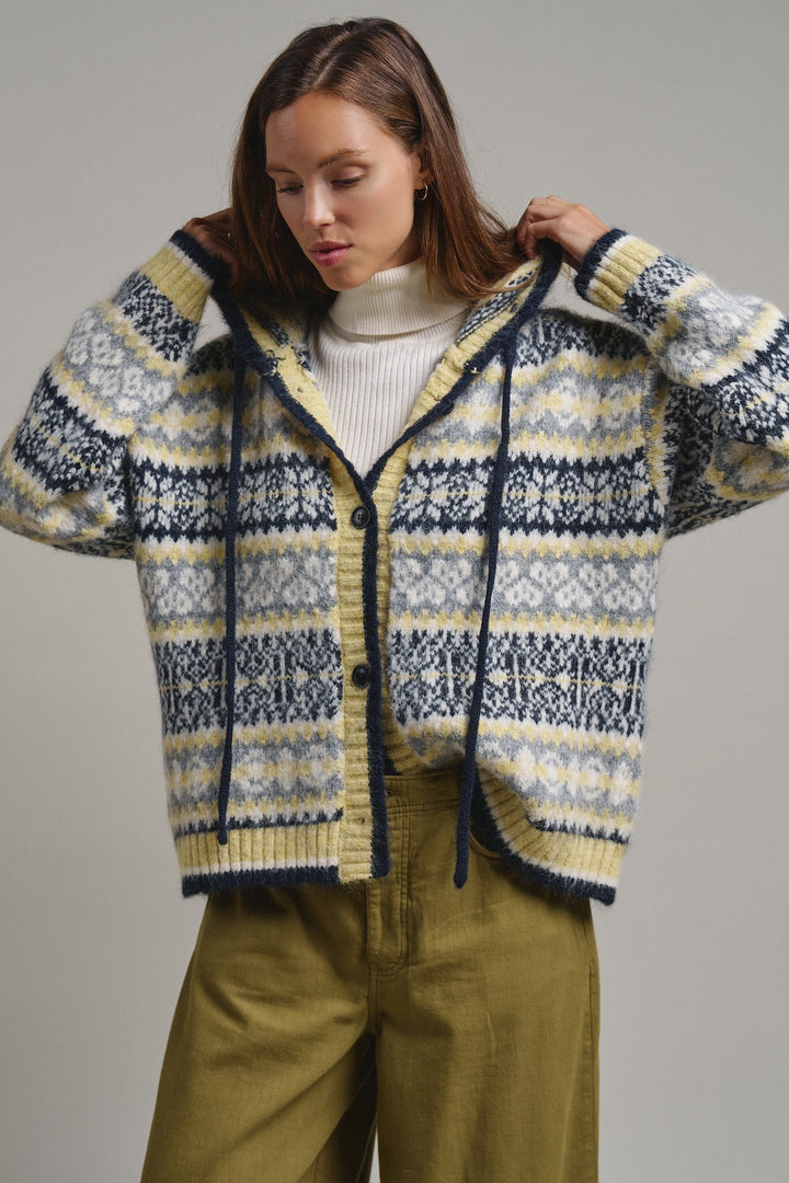 Snowfall Fair Isle Hooded Cardigan in Grey/navy - Women's Wholesale Cardigans & Shrugs | Trend Notes