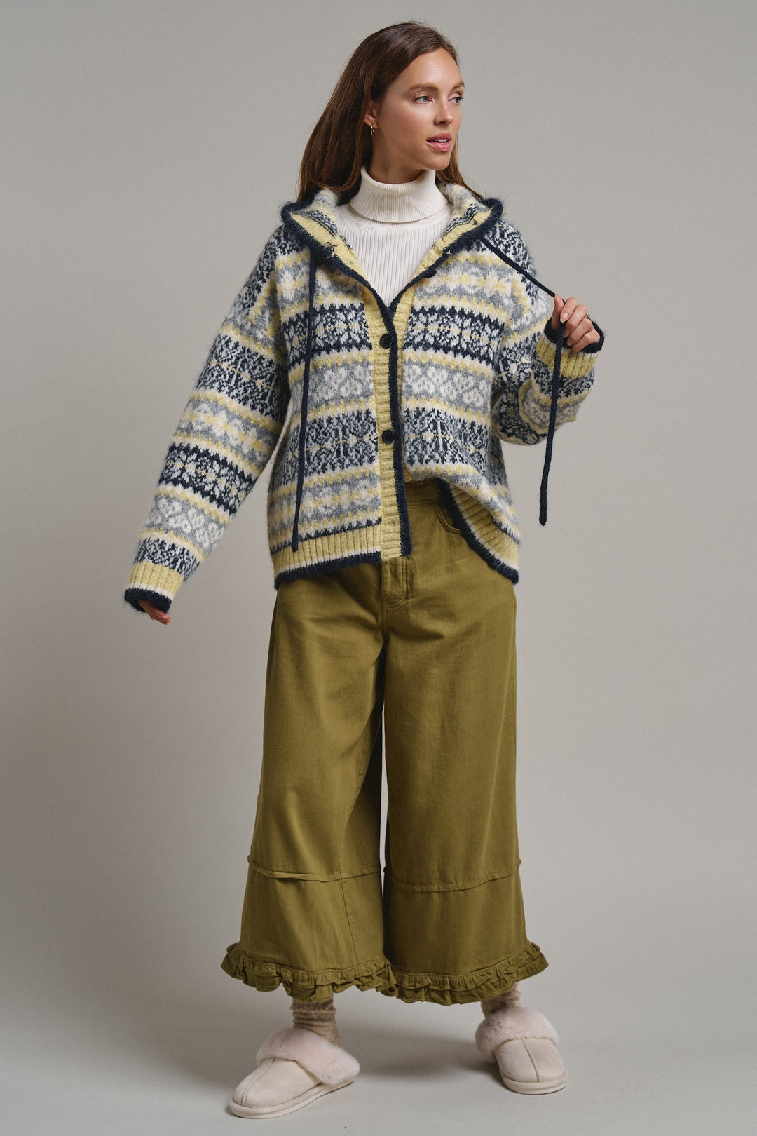 Snowfall Fair Isle Hooded Cardigan in Grey/navy - Women's Wholesale Cardigans & Shrugs | Trend Notes