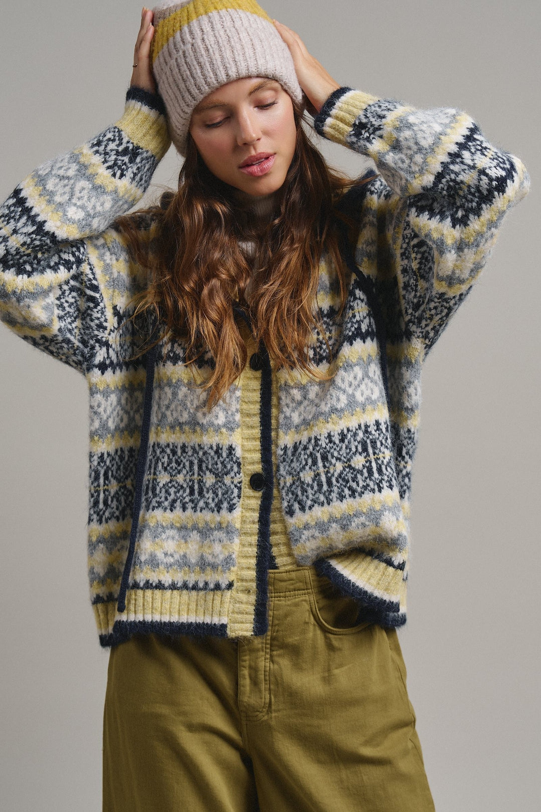 Snowfall Fair Isle Hooded Cardigan in Grey/navy - Women's Wholesale Cardigans & Shrugs | Trend Notes