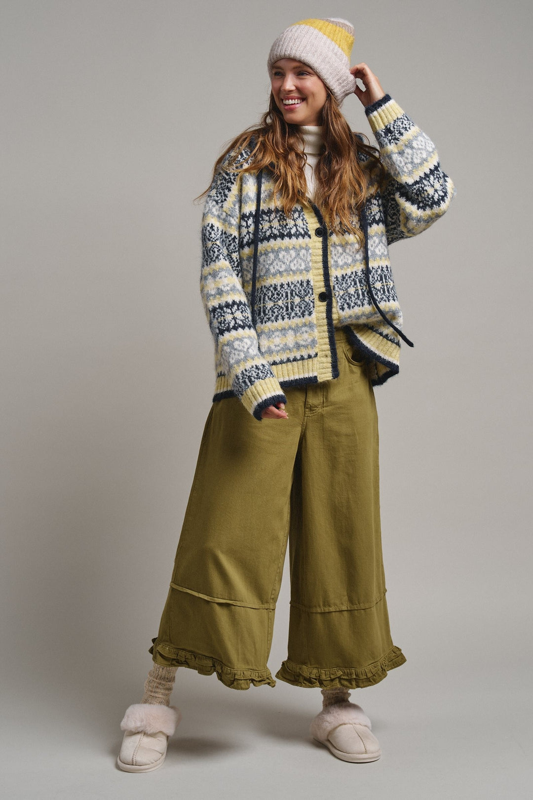 Snowfall Fair Isle Hooded Cardigan in Grey/navy - Women's Wholesale Cardigans & Shrugs | Trend Notes