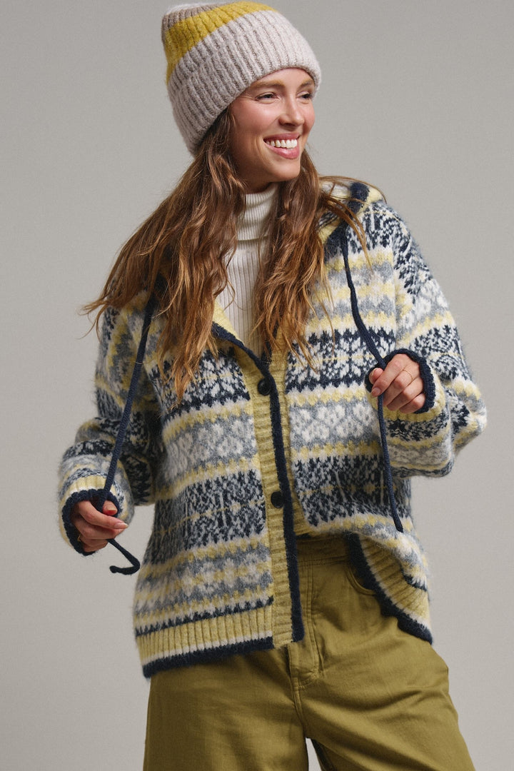 Snowfall Fair Isle Hooded Cardigan in Grey/navy - Women's Wholesale Cardigans & Shrugs | Trend Notes