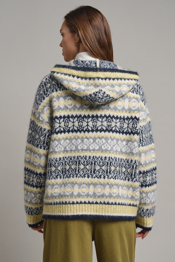 Snowfall Fair Isle Hooded Cardigan in Grey/navy - Women's Wholesale Cardigans & Shrugs | Trend Notes