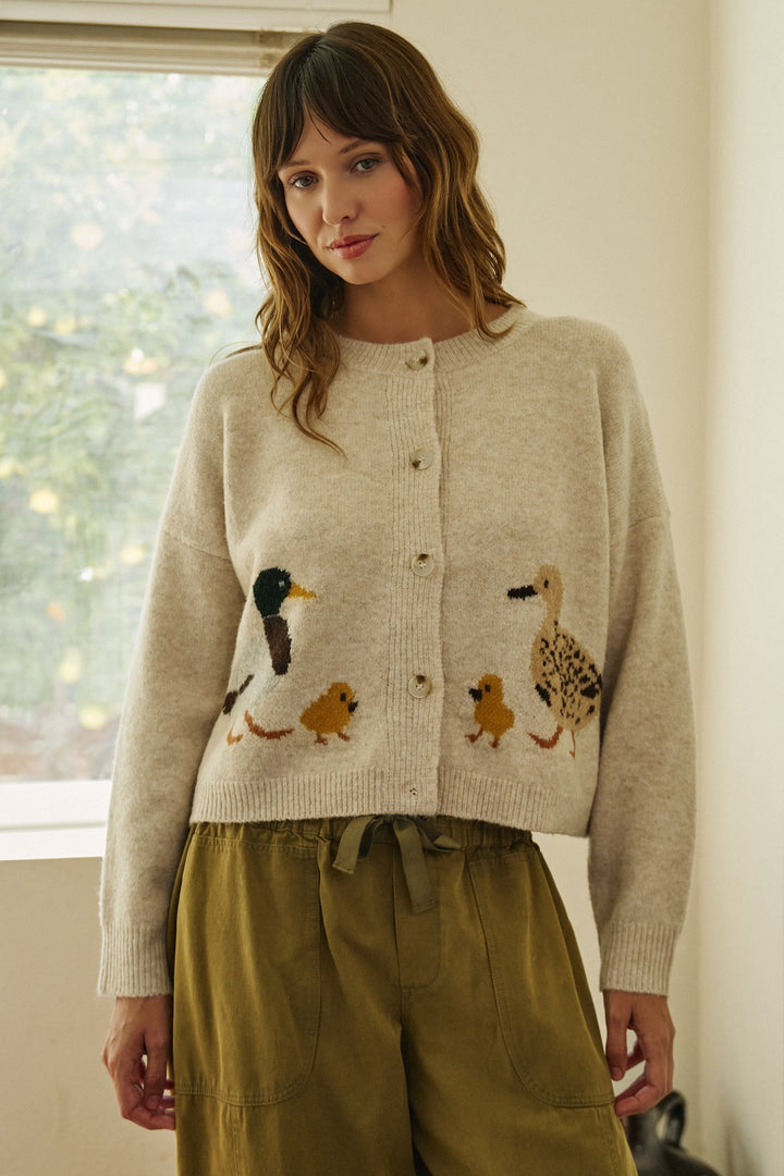 Duckling Parade Intarsia Cardigan in Oatmeal - Women's Wholesale Cardigans & Shrugs | Trend Notes