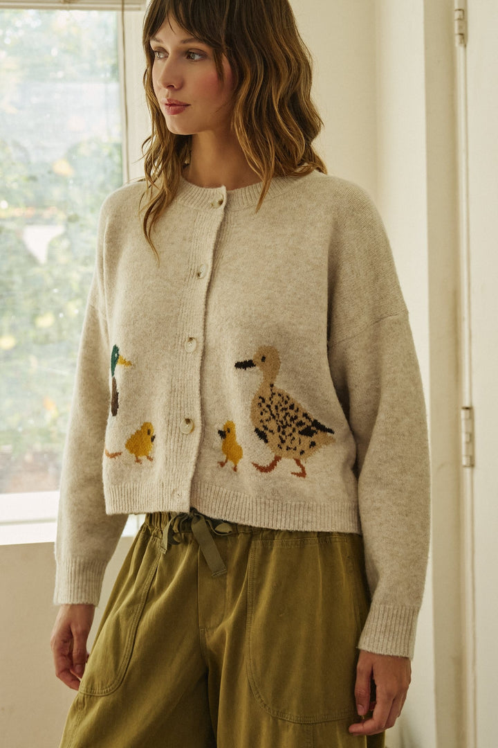 Duckling Parade Intarsia Cardigan in Oatmeal - Women's Wholesale Cardigans & Shrugs | Trend Notes