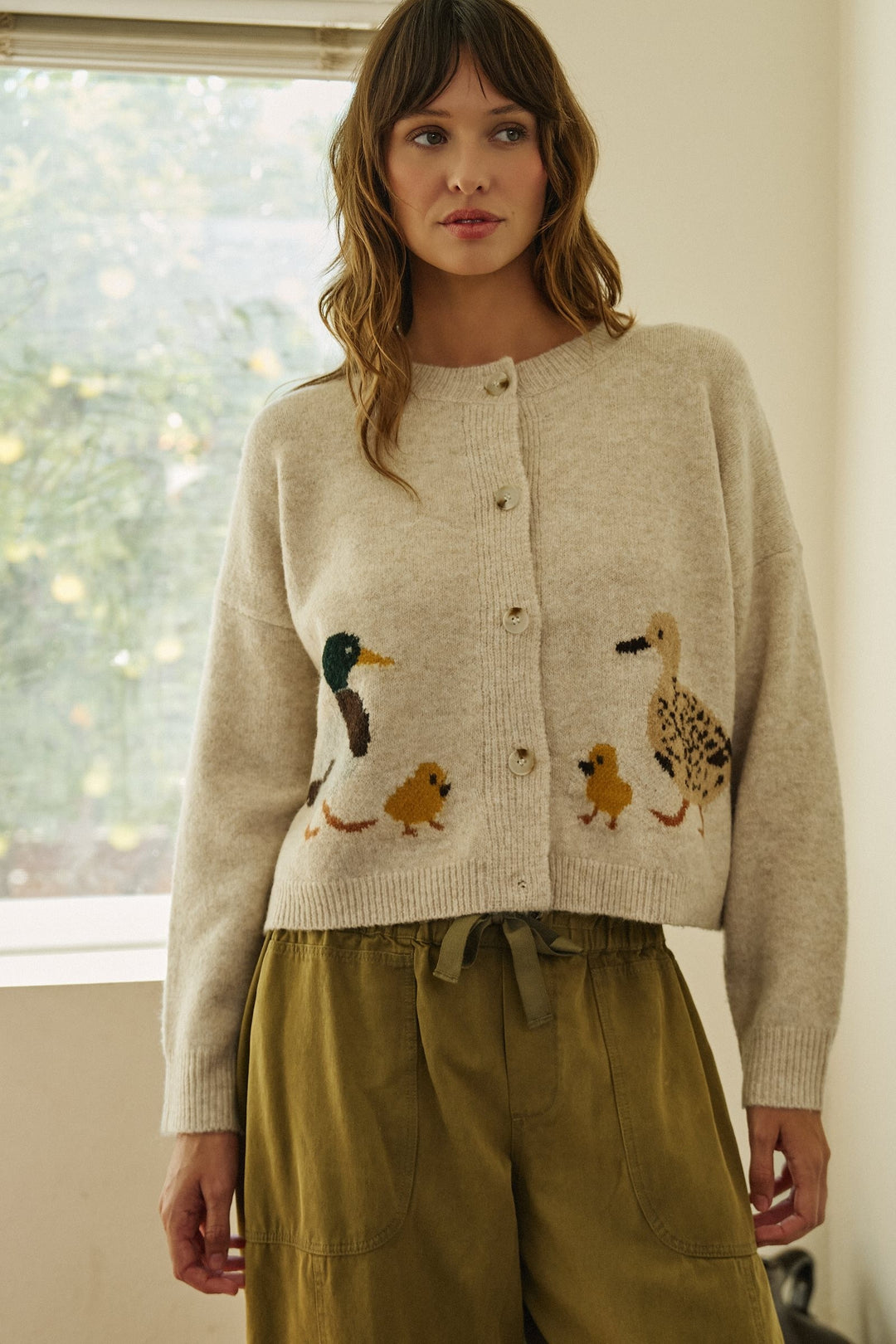 Duckling Parade Intarsia Cardigan in Oatmeal - Women's Wholesale Cardigans & Shrugs | Trend Notes