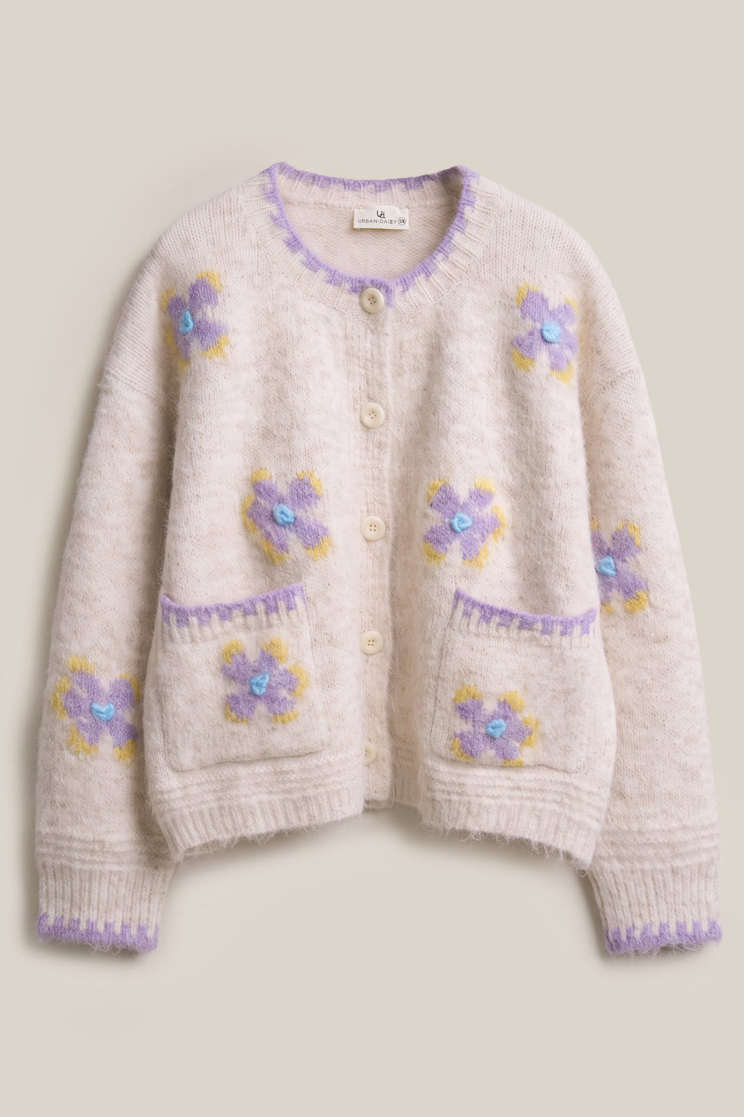 Petal Patch Brushed Knit Cardigan in Oatmeal - Women's Wholesale Sweaters | Trend Notes